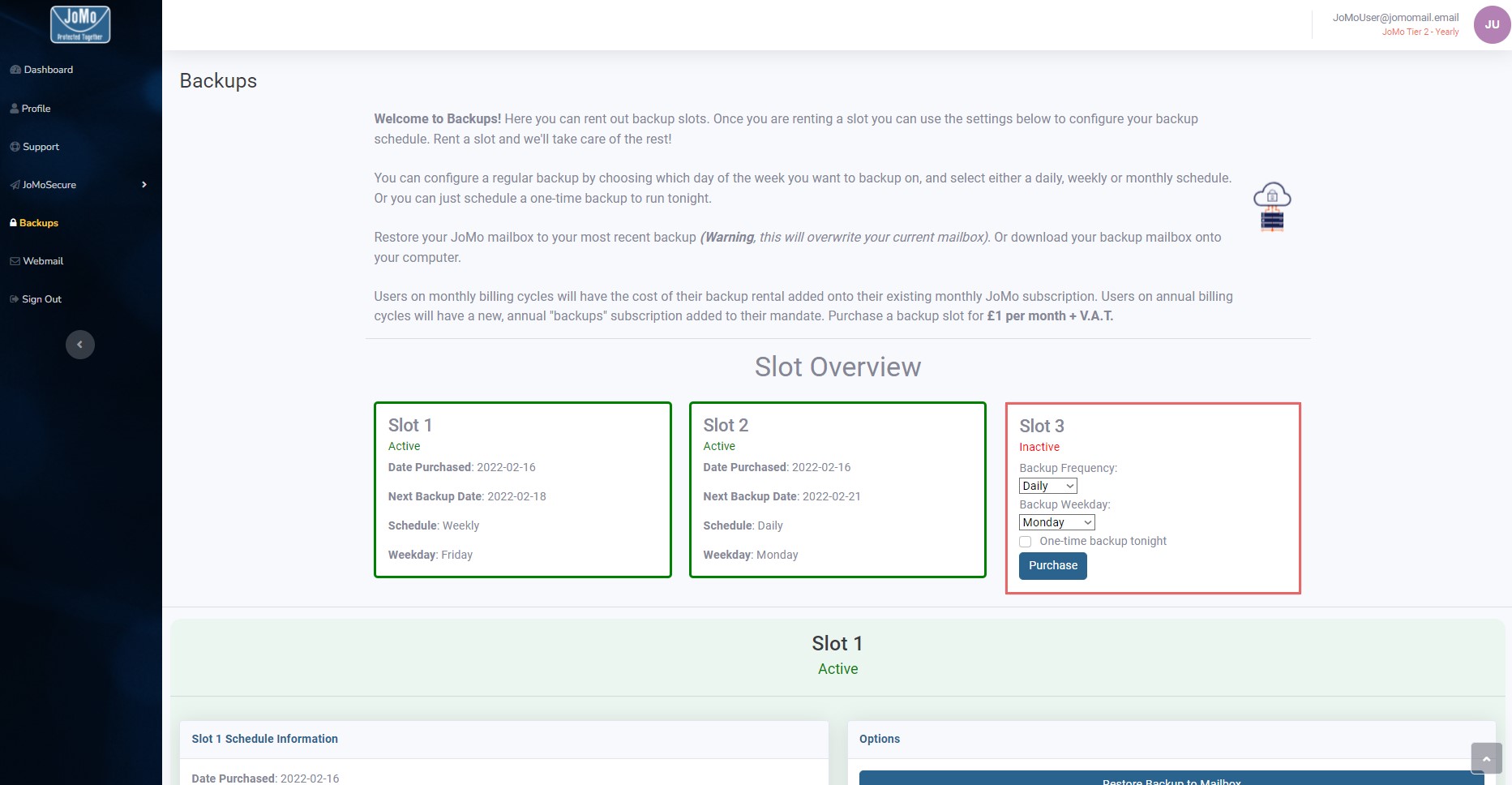 Overview of the Jomo backups panel look