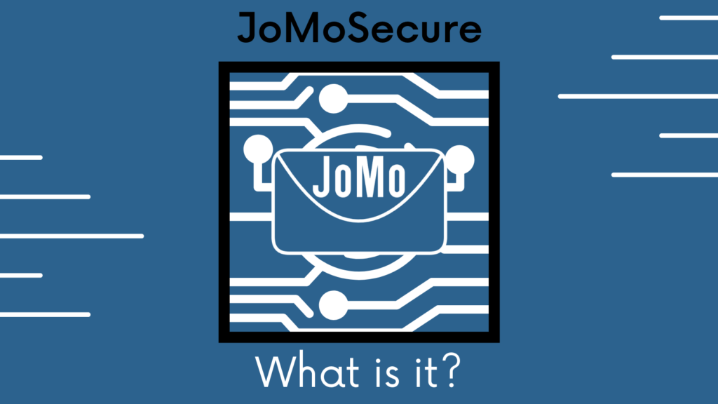 Jomomail logo in centre of tech themed design, asking what is jomosecure.